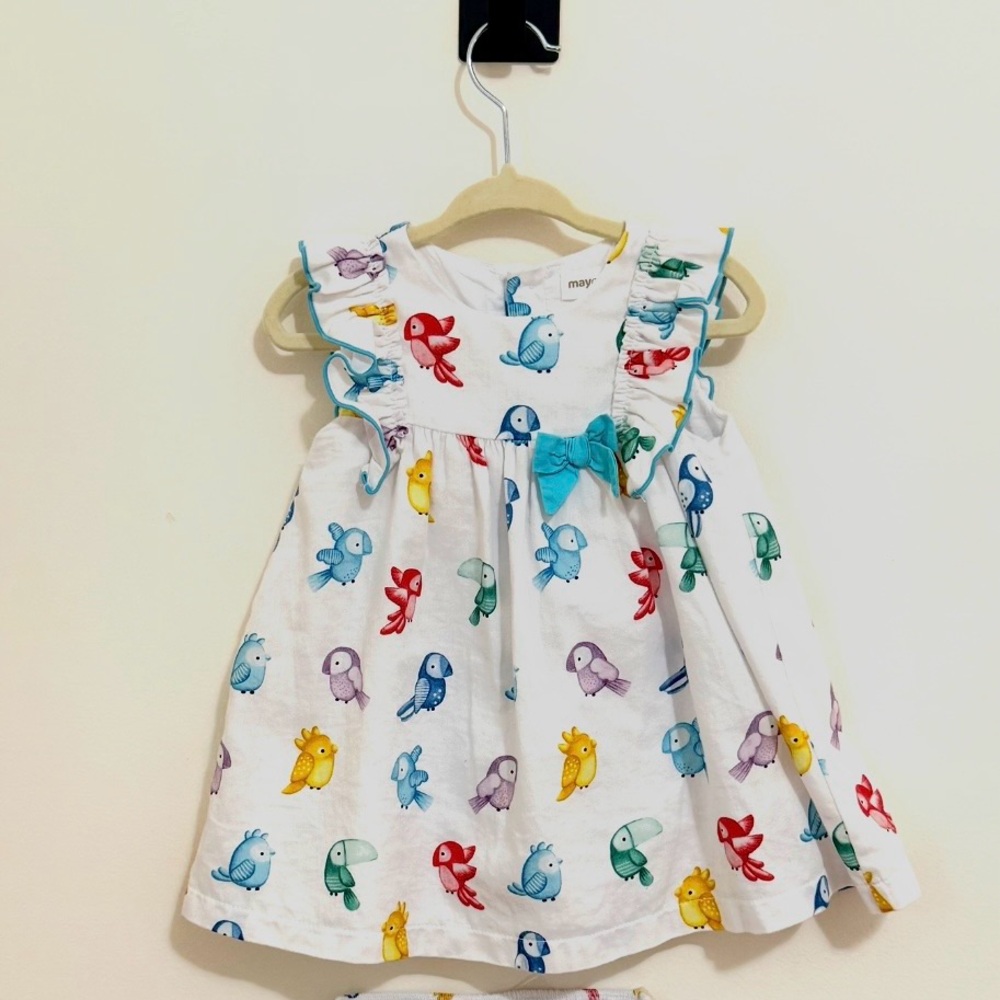 Mayoral White Dress with Colorful Bird Print